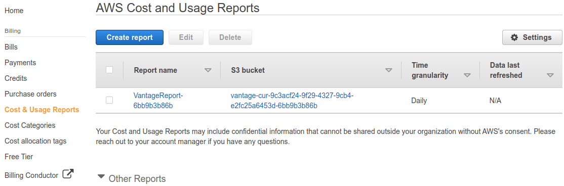 A brand new cost and usage report configured in the billing console.
