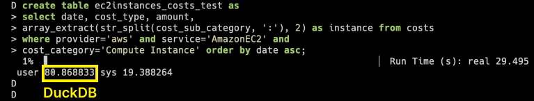 Measuring write performance for a derivative table in DuckDB