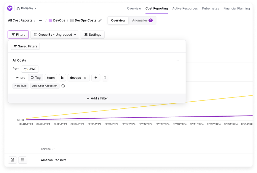 A Vantage Cost Report with an open filter for the DevOps team