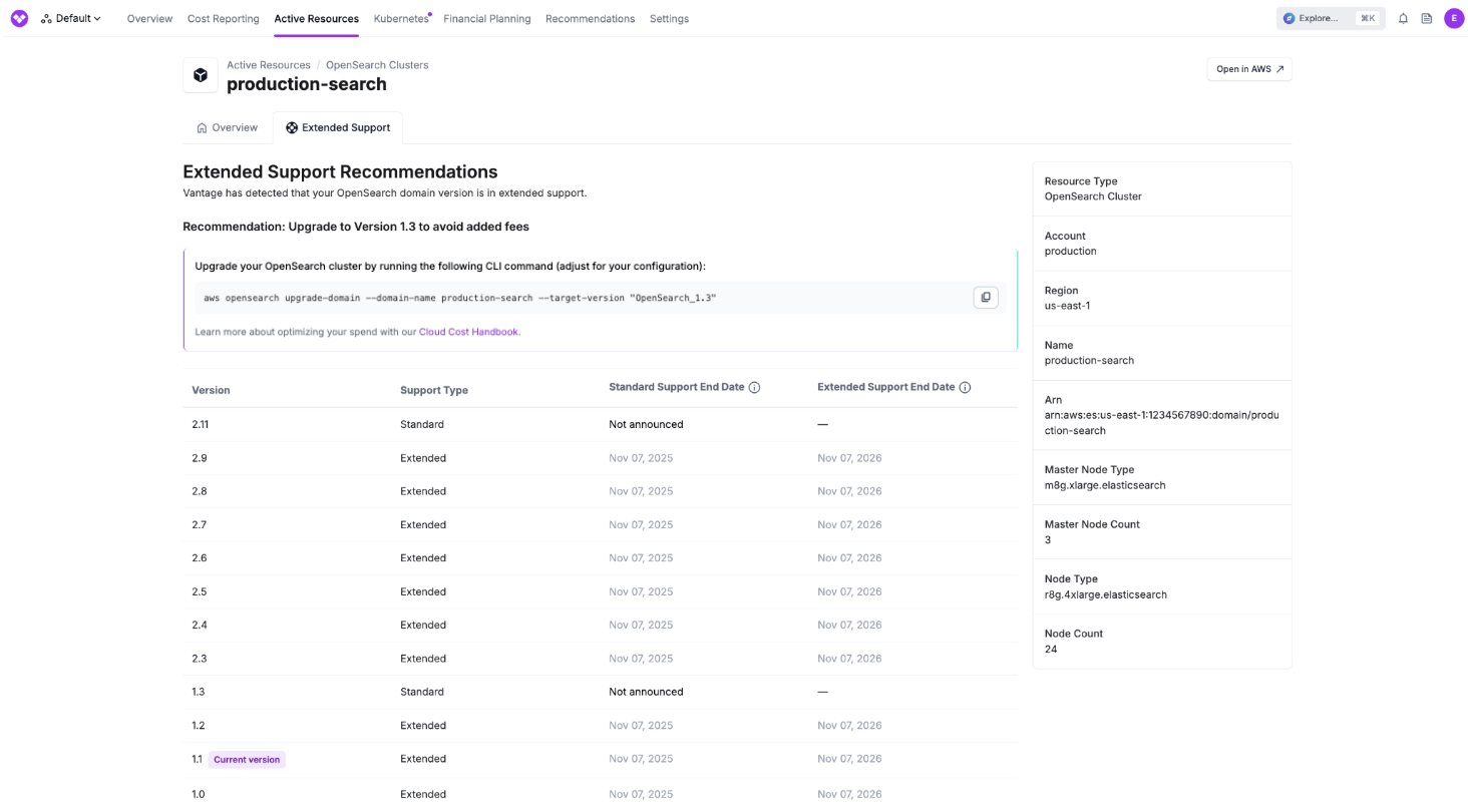 Metadata about Support Type and full Support Calendar is now available within Active Resources for Amazon OpenSearch, Elasticsearch, and ElastiCache Instances.