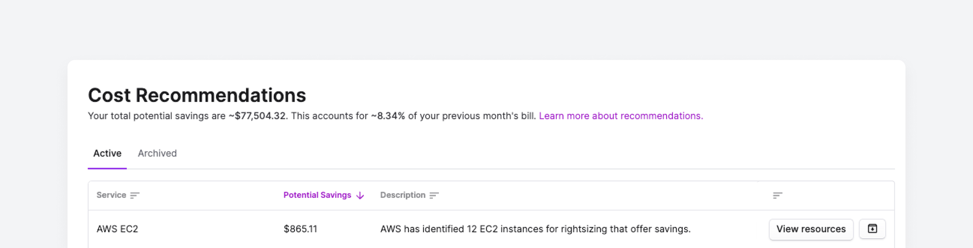 Cost Recommendations screen in the console